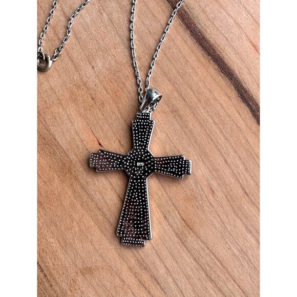 Sterling Silver Cross Pendant Necklace With Blue Opal Inlay 23" Chain For Women - Picture 5 of 8